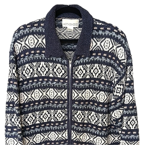 MOTHERHOOD Tribal Style Knit Cardigan Sweater Zip Up Blue Beige Size Large - Picture 3 of 17